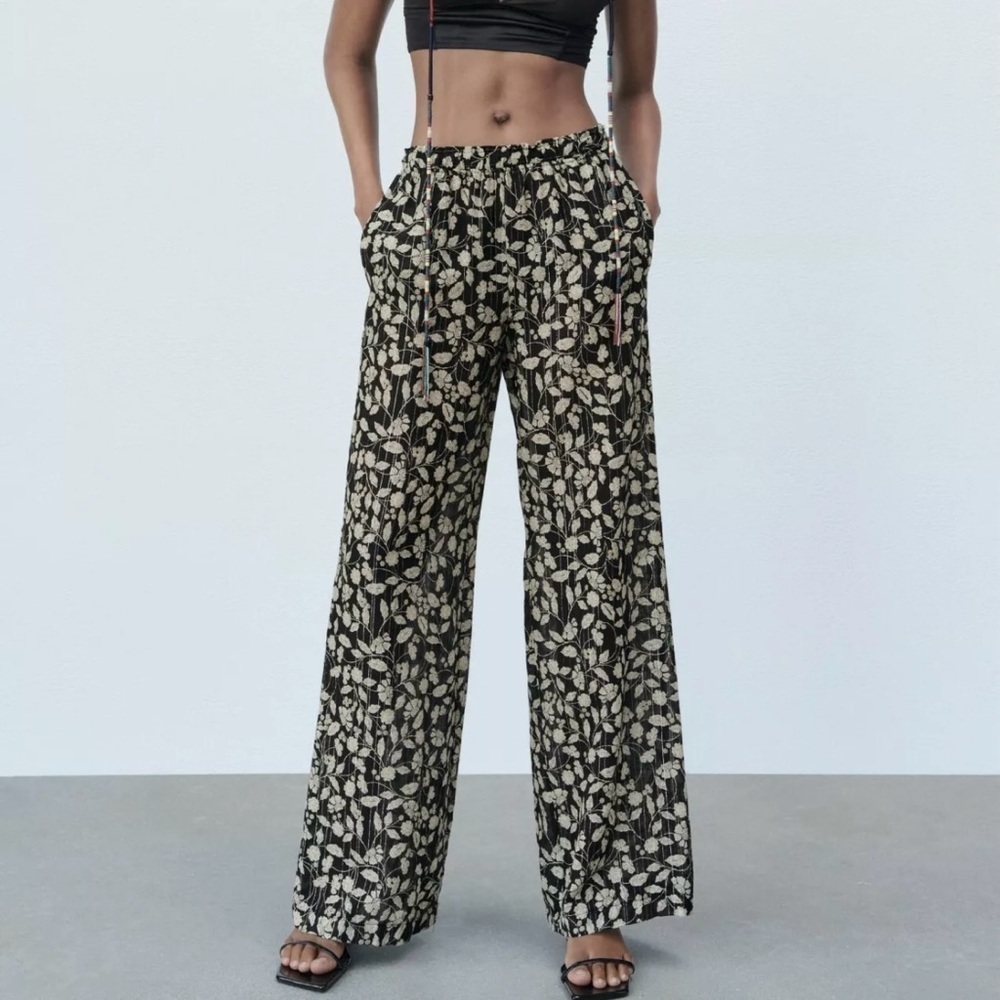 ZARA Wide Leg Floral Print Semi Sheer Pants Womens M cotton metallic
